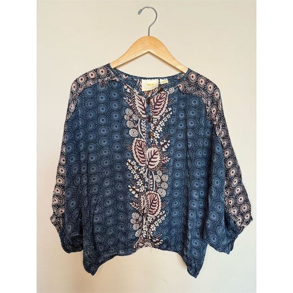 Maeve by Anthropologie Women's Letizia Ruffled Blouse Size S Blue Floral Boho - Picture 1 of 9